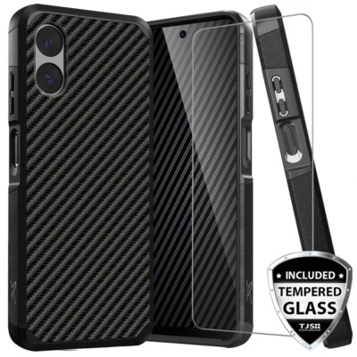 For Moto G Play 4G 2024 Phone Case Hybrid Carbon Fiber TPU Armor +Tempered Glass - Image 1 of 4