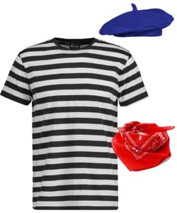 French Women Ladies Bastille Day Costume 3PC Set Beret+Stripe T-Shirt+Red Scarf - Picture 1 of 5