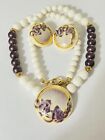 Vintage Halbparure cremefarben lila Orchidee emaillierte Halskette & Clip Ohrringe Art Deco