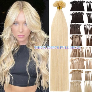 Pre-Bonded Keratin Fusion Nail U Tip 100%Remy Human Hair Extensions THICK 200PCS - Picture 1 of 34
