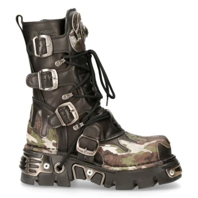 NEW ROCK 591-S15 Boots CAMOUFLAGE Flame Metallic Black Leather Goth Punk Biker  - Image 1 of 4