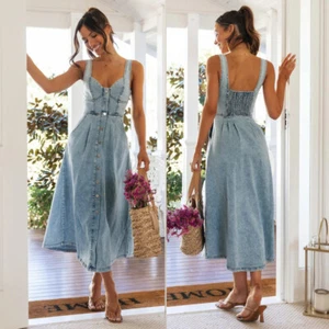 NEW Vintage Denim Maxi Dress With Spaghetti Straps And Button Front For Casual * - Picture 1 of 11