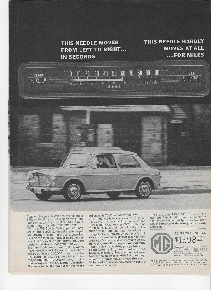 Anuncio impreso original MG Sports Sedán 1964 vintage: "La aguja se mueve de izquierda a" Foto 1 de 1