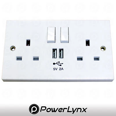 Double Twin 2 Gang Wall Socket 13A With 2 USB Charger Ports Plug Switched Socket - Image 1 of 2