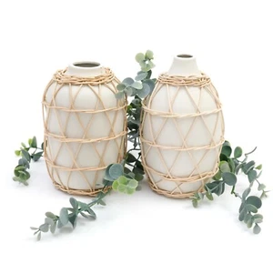 Rattan gewebt Bambus Keramik Stein Dekorative Blume Vase Boho Stil - 2 Designs - Bild 1 von 5