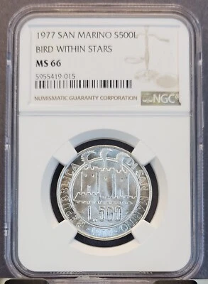 1977 SAN MARINO SILVER 500 LIRE BIRD WITHIN STARS NGC MS 66 GEM BU TOP POP - Image 1 of 3