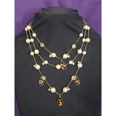 Betsey Johnson Multi Strand Necklace Faux Pearl Leopard Rose Statement Gold Tone - Image 1 of 4
