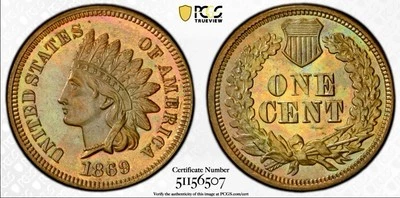 1869 PROOF INDIAN HEAD CENT PCGS & CAC PR64BN GOLD SHIELD - Image 1 of 4