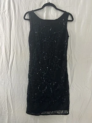 Vestido de Noche Pisarro Lentejuelas Cuentas Cóctel Negro Formal Adorno HOCO 4 Forrado Foto 1 de 4