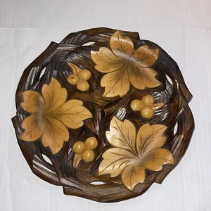 Hand Craved Wooden Plate Flowers And Berries - Picture 1 of 6