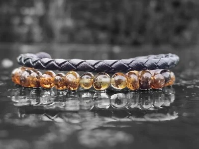 Lederarmband, Natur Bernstein 2er Set Surfer Herren  Damen Armband 4mm 0305 - Bild 1 von 4