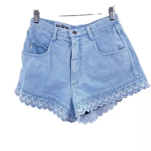 Vintage Y2K Switch Usa denim shorts size 11 S-M scalloped hem embroidered - Picture 1 of 9