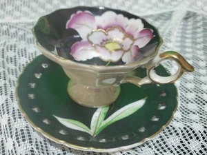 Vintage Wales Black Pink Orchid Pearlized Footed Teacup & Saucer Japan - Picture 1 of 8