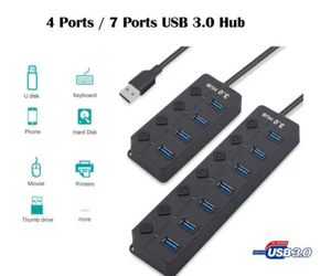 4/7 Port USB 3.0 Hub (5Gbps) High Speed On/Off Switches Adapter For PC Laptop - Picture 1 of 4