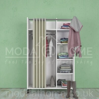 White Mobile Open Storage Wardrobe Unit with Clothes Rail Shelves Wheels Closet — 第 1/4 张图片