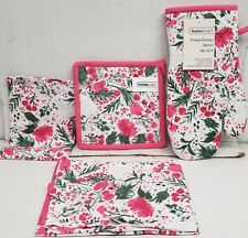 4pc KITCHEN SET: 1 APRON,1 OVEN MITT,1 POT HOLDER & 1 TOWEL, FLOWERS, pink, HMS