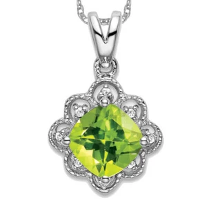 14K Solid White Gold Peridot Diamond Necklace - Picture 1 of 12