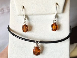 SS .925 SPESSARTINE ORECCHINI E PENDENTI GRANATO ARANCIONE CON CORDINO IN PELLE SET NUOVI - Foto 1 di 3
