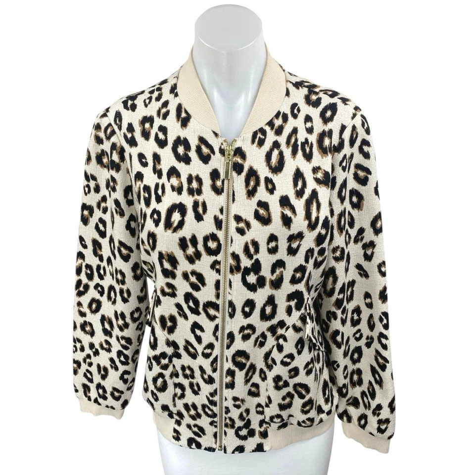 Cárdigan suéter Chico's negro crema manga larga tejido leopardo cremallera talla 1 Foto 1 de 4