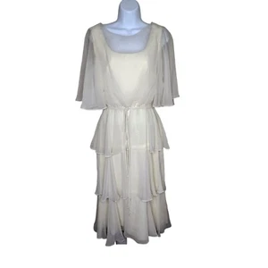 Vintage 70s Flutter Sleeve Sheer Tiered Blouson Dress Womens Size S Ivory White - Picture 1 of 10