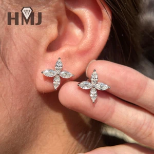 Moissanite 925 Silver 18k Gold Plated Earrings 4pcs Marquise Studs Engagement - Picture 1 of 27