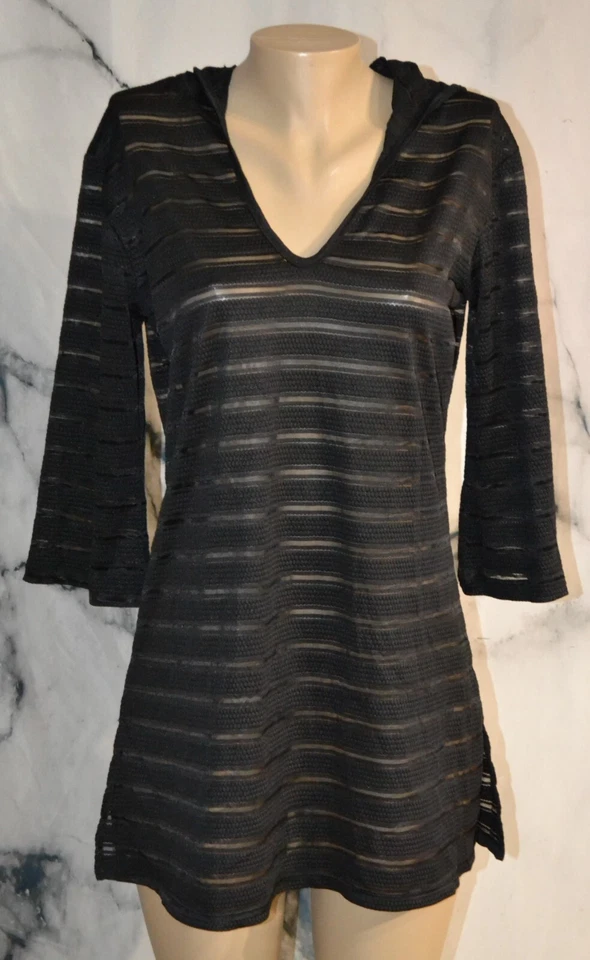 Vestido de natación APT 9 negro de malla a rayas con capucha mangas medianas de 3/4 elásticas en el trasero Foto 1 de 4