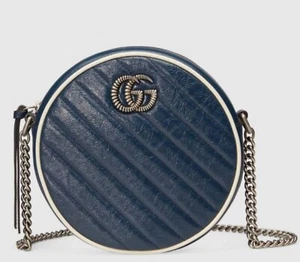 New Gucci GG Round Marmont Navy Shoulder Bag Chain Crossbody Quilted Leather - Picture 1 of 10