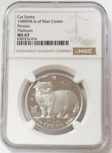 1989 PLATINUM ISLE OF MAN 1 CROWN PERSIAN CAT NGC MINT STATE 67 - Picture 1 of 2