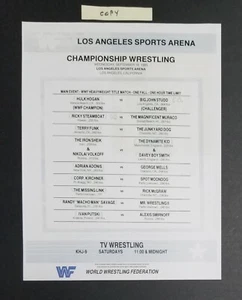 WWF 1985 LA Sports Arena Sept 18 LINEUP SHEET HOGAN STUDD MISSING LINK CizOPY - Picture 1 of 2