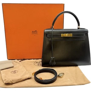 Authentic HERMES Kelly 28 Box Calf 2WAY Hand Bag Black Leather #36635483 - Picture 1 of 12
