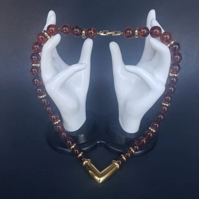 Vintage Signed Napier Faux Amber Ball Bead w/ Gold Tone Spacers 22" Necklace - Image 1 of 3