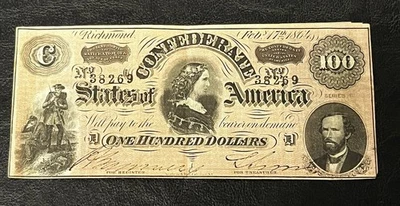 Original 1864 Confederate States Of America $100 Dollars Note Richmond Civil War - Image 1 of 4