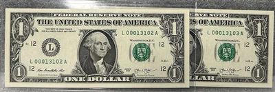 2 Consecutive Uncirculated LOW SERIAL NUMBER Fr. 3001-L 2013 CRISP BILLS! BLBX6 - Image 1 of 2