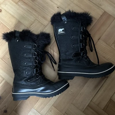 Stivali da neve Sorel donna invernali neri scintillanti impermeabili pelliccia sintetica taglia UK 7 🔥 - Immagine 1 di 4