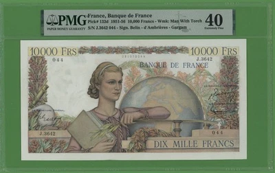 FRANCE 10000 FRANCS 1952 PICK # 132d  PMG 40 EXTREMELY FINE. - Image 1 of 4