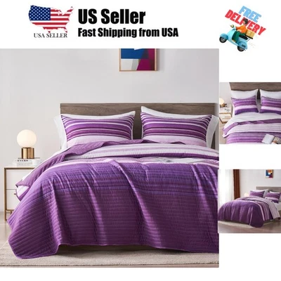 King/Cal King одеяло комплект постельного белья, черный белый и фиолетовый пэчворк в полоску Qui... - Изображение 1 из 4