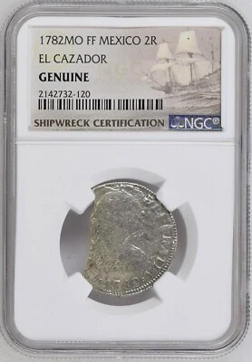 1782 El Cazador Shipwreck 2 Reales NGC Genuine Mexico Silver Coin Mo FF - Image 1 of 4