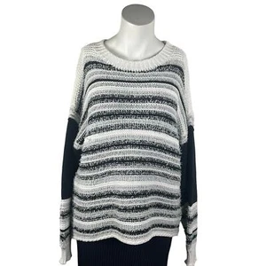 Elan Sweater Women's Large Striped Black/White Crew Neck Cropped - Picture 1 of 6
