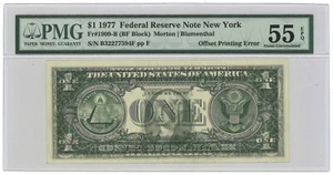 1977 $1 Federal Reserve Note New York Fr#1909-B PMG AU 55 EPQ Offset Error - Picture 1 of 3
