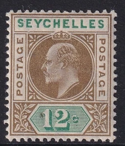 SEYCHELLES 1906 12c OLIVE & GREEN ' DENTED FRAME SG63a - mounted mint - Picture 1 of 2