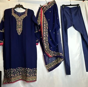 Salwar Anzug dunkelblau MED 3-teiliges Set gefüttert transparent bestickt Edelsteinkante wunderschön - Bild 1 von 15