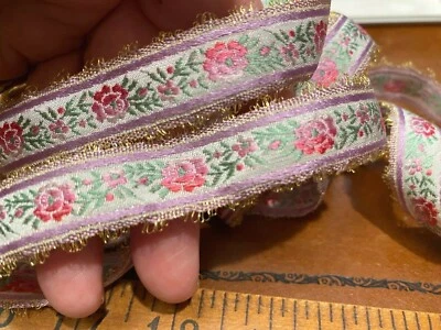 vintage embroidered 3/4" ribbon 1940s silk lilac gold metallic 1yd France - Image 1 of 4