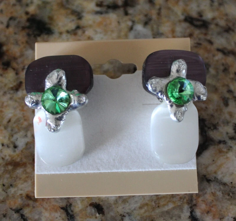 Designer Earrings Amethyst Green Swavorski Crystal Silver artist J Jansen Unique - Image 1 of 4