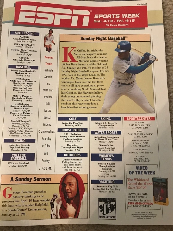 Vintage 1991 KEN GRIFFEY JR. ESPN Poster Print Ad SEATTLE MARINERS 1990s RARE - Image 1 of 1