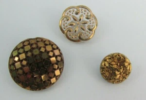 Lot of 3 Vintage Black & Gold Luster Glass Buttons Clear Glass w/Gold Self Shank - Picture 1 of 10