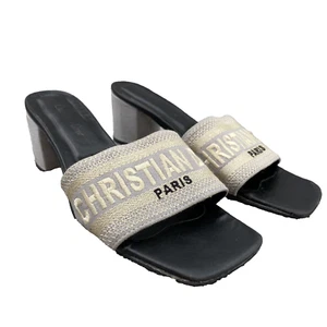 Christian Dior Dway Heel Slide Damen 38 Silber Baumwolle Stickerei Klassisch Paris - Bild 1 von 12