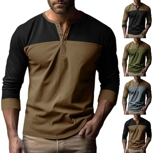 Mens Henley Shirts Grandad Casual V Neck Button Solid Long Sleeve T Shirt Tops - Picture 1 of 19