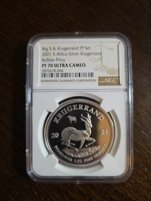 2021 South Africa Silver Krugerrand Proof - Buffalo Privy FDOI PF70 - Image 1 of 4
