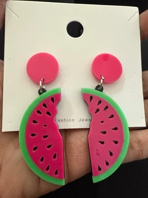 Pendientes Largos Retro Gruesos Acrílicos Sandía Rosa Verde Foto 1 de 4