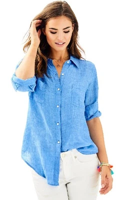 Рубашка женская Lilly Pulitzer размер XL синяя льняная с длинным рукавом вид на море пляж прибрежная - Изображение 1 из 4